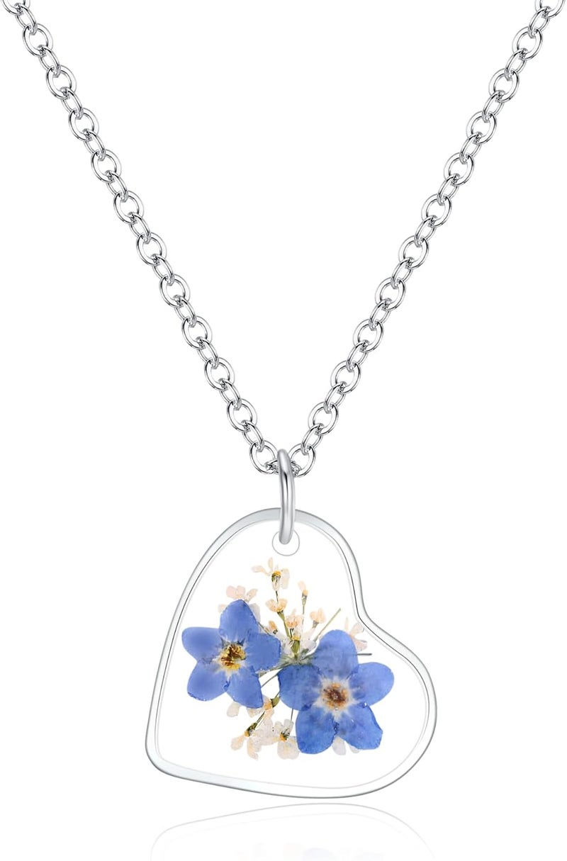 AUNTESIGN Store Forget-Me-Not and Queen Anne's Lace Pressed Wildflower Necklace | Birth Month Real Flower Necklace | Gold/Silver Pressed Flower Jewelry | Personalized Handmade Jewelry - Image 1